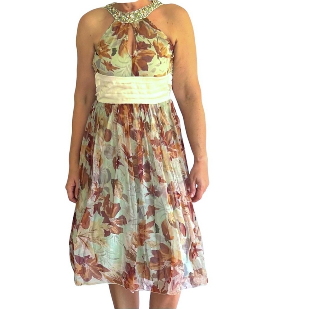 RK  flowy halter  Evening  Dress  Floral Wedding Guest  Gathered Waist